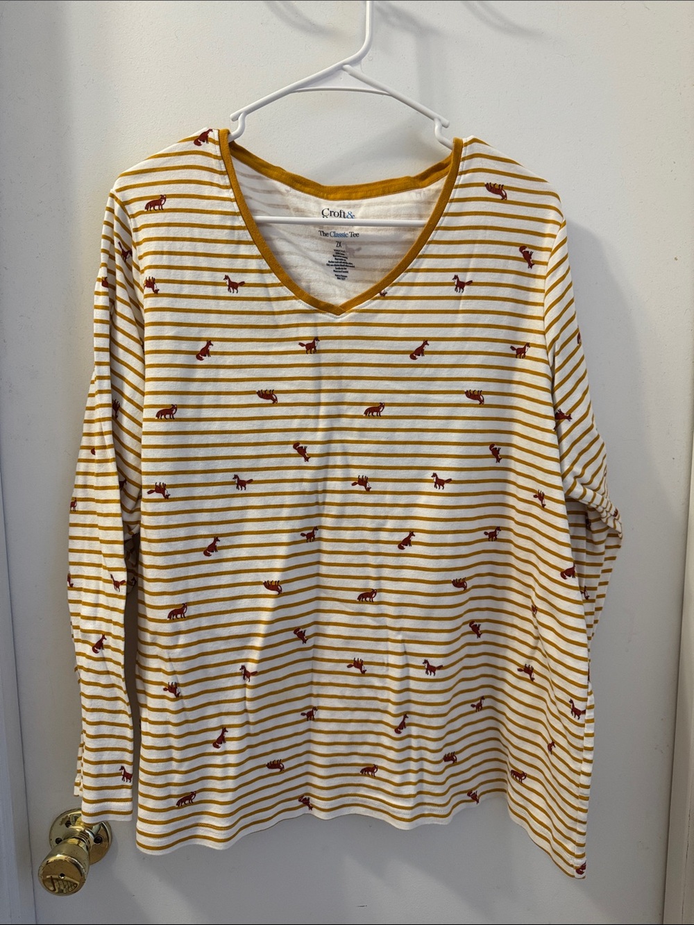 croft & barrow Yellow and White Striped V-Neck Top with Fox Motif